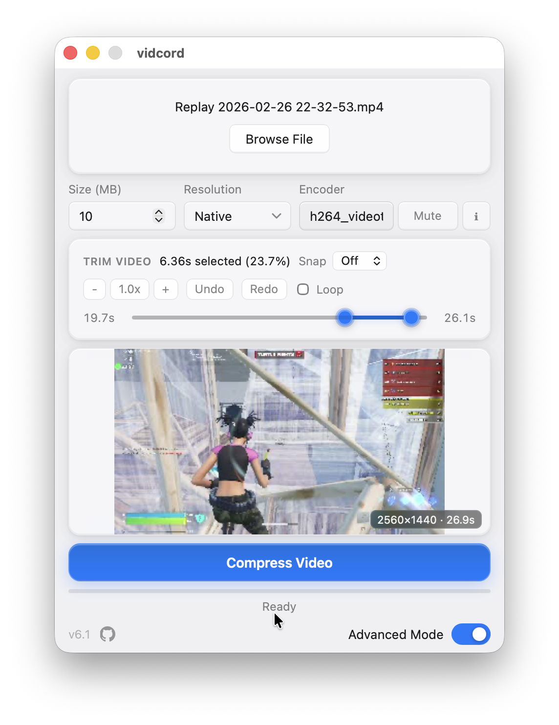 vidcord advanced mode with target size, resolution, and encoder controls