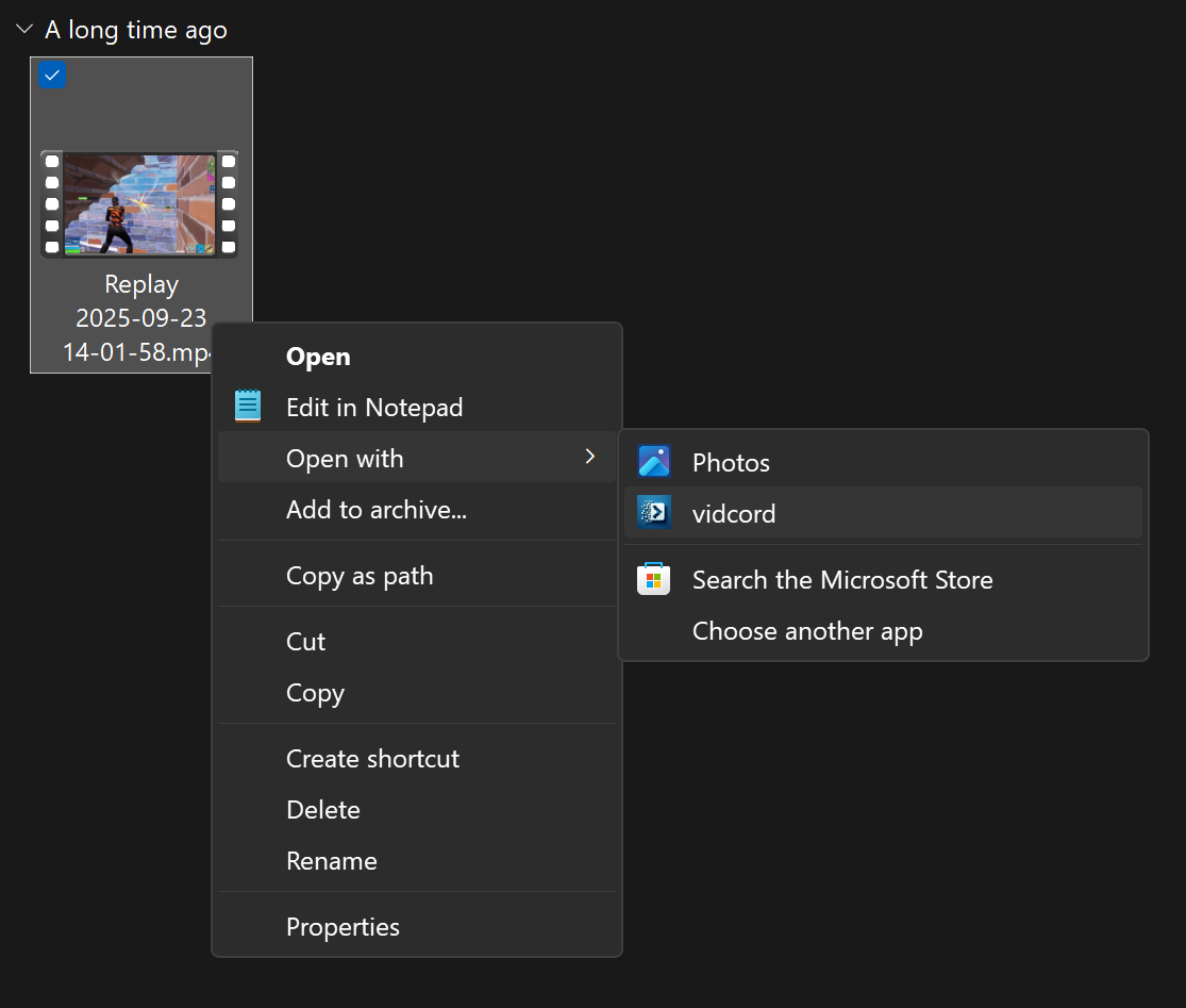Windows File Explorer context menu showing vidcord as an Open with option