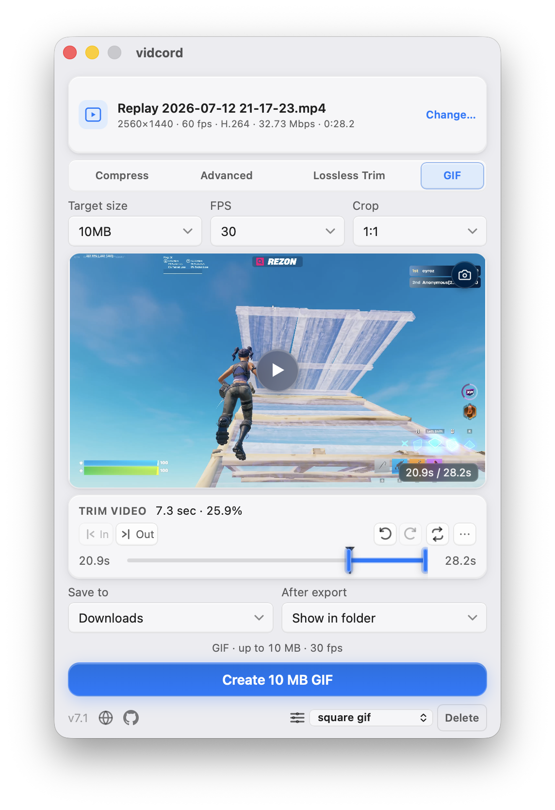 vidcord GIF mode with Discord size targets, frame-rate control, trim timeline, and Create GIF button