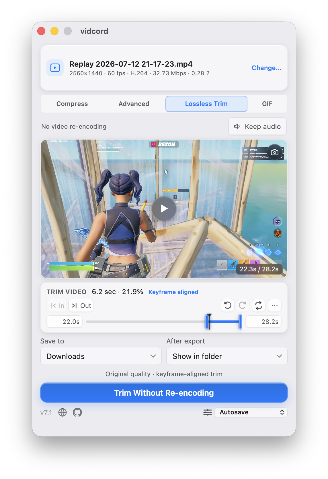 vidcord Lossless Trim mode with keyframe-aligned trim controls and no video re-encoding