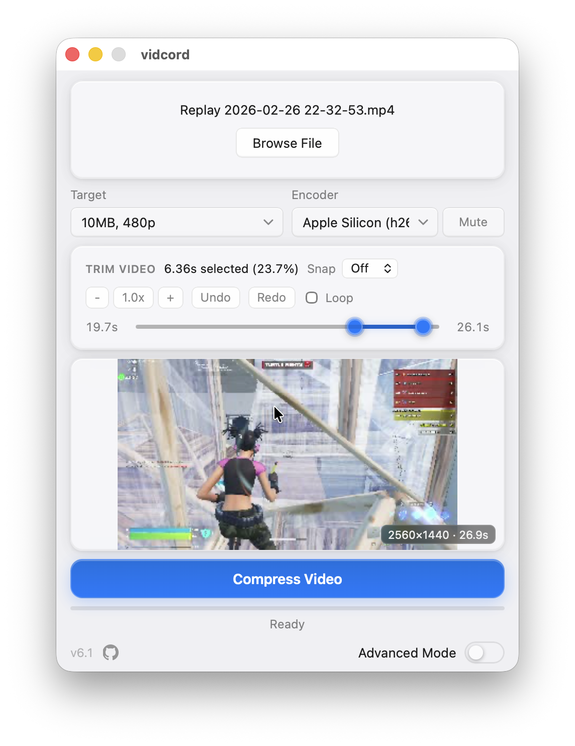 vidcord desktop app with video preview, trim timeline, preset picker, and compression controls